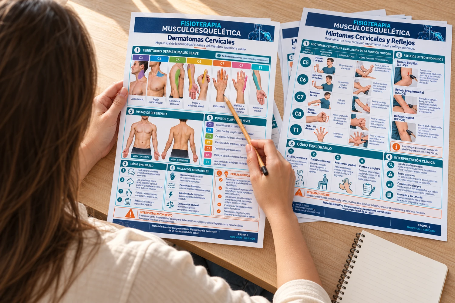Mujer de espaldas estudiando los mapas impresos de fisioterapia